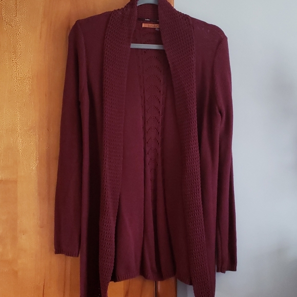 Belldini Sweaters - Belldini Burgundy Crochet Back Cardigan